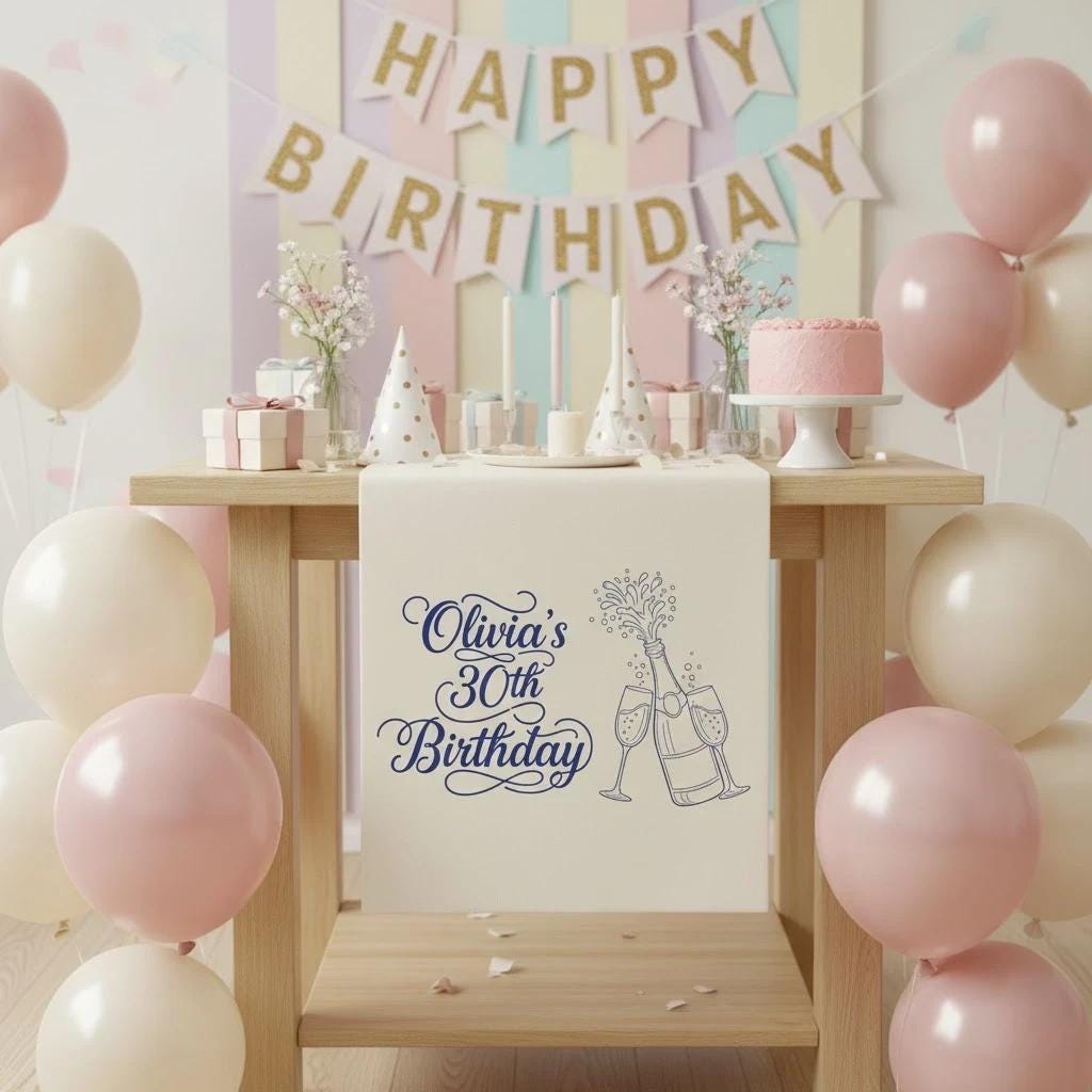 Personalized Table Runner: Birthday Banner with Name, Age, and Champagne Illustration image 2