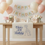 Personalized Table Runner: Birthday Banner with Name, Age, and Champagne Illustration image 1