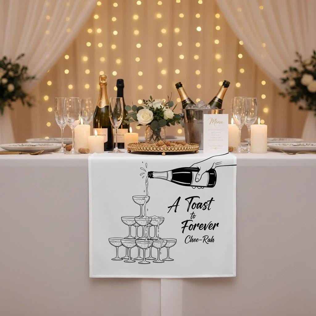 Personalized Table Runner: Champagne Pour Illustration with Name and Celebration Phrase image 4