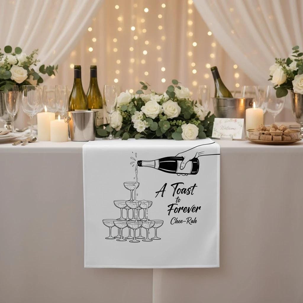 Personalized Table Runner: Champagne Pour Illustration with Name and Celebration Phrase image 3