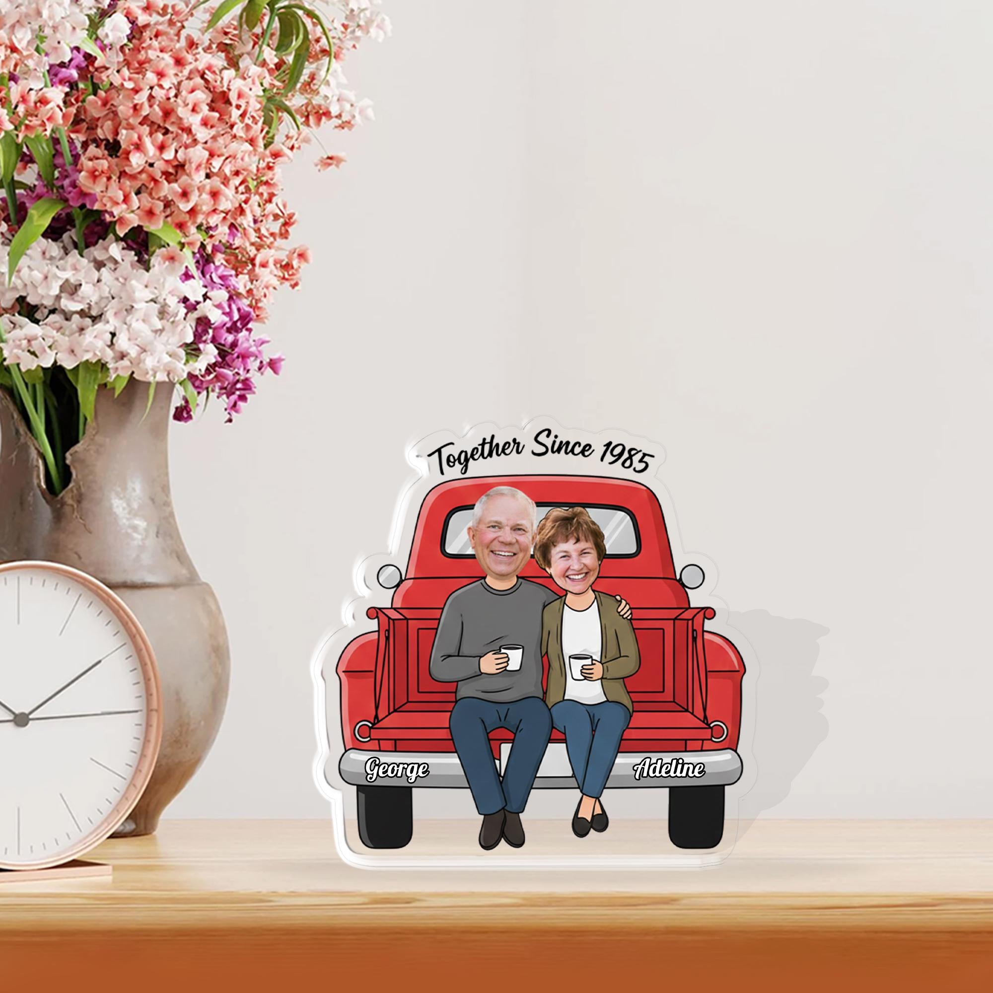 Custom Couple Acrylic Block, Personalized Photo Caricature, Red Pickup Truck Portrait, Together Since Year image 2