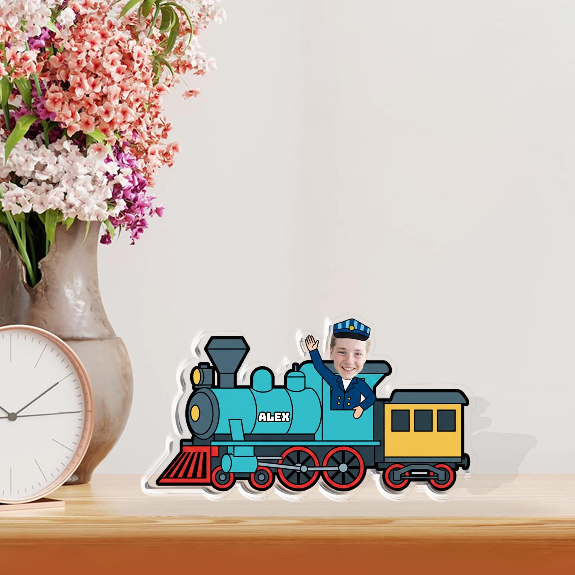 Custom Train Acrylic Block, Personalized Photo Caricature, Kids Conductor Locomotive Decor image 2