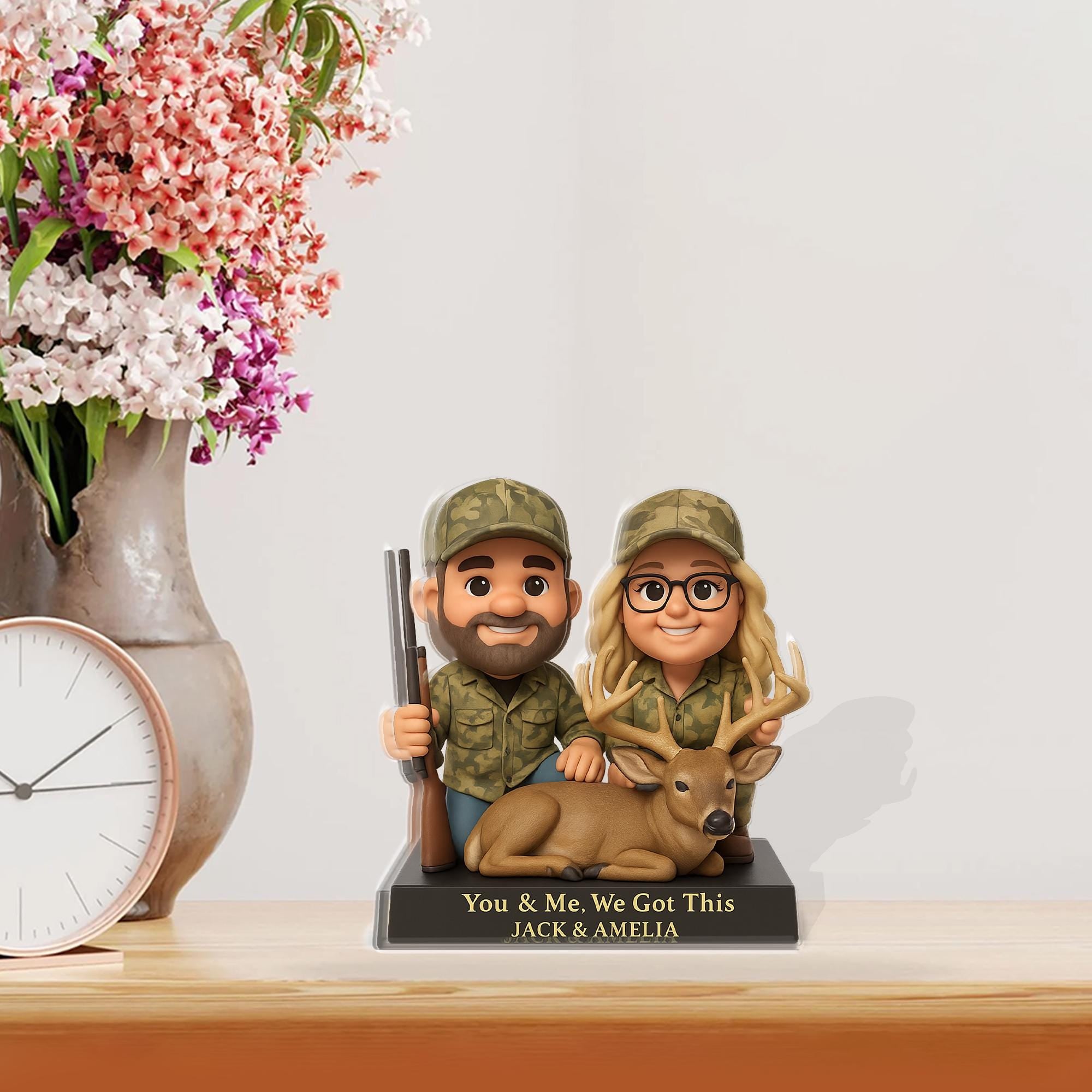 Personalized Acrylic Block, Custom Photo Figurine, Hunter Couple with Deer, Camo Outfit image 2
