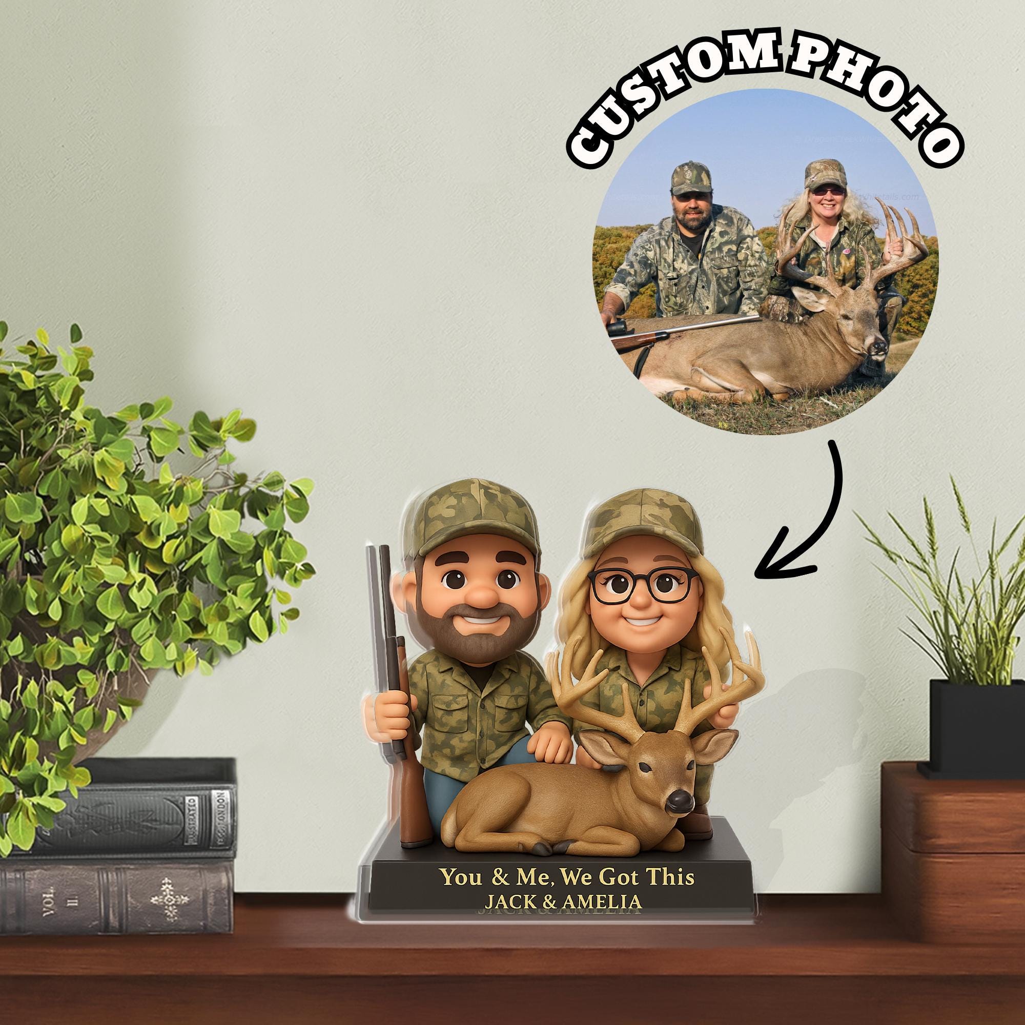 Personalized Acrylic Block, Custom Photo Figurine, Hunter Couple with Deer, Camo Outfit image 1
