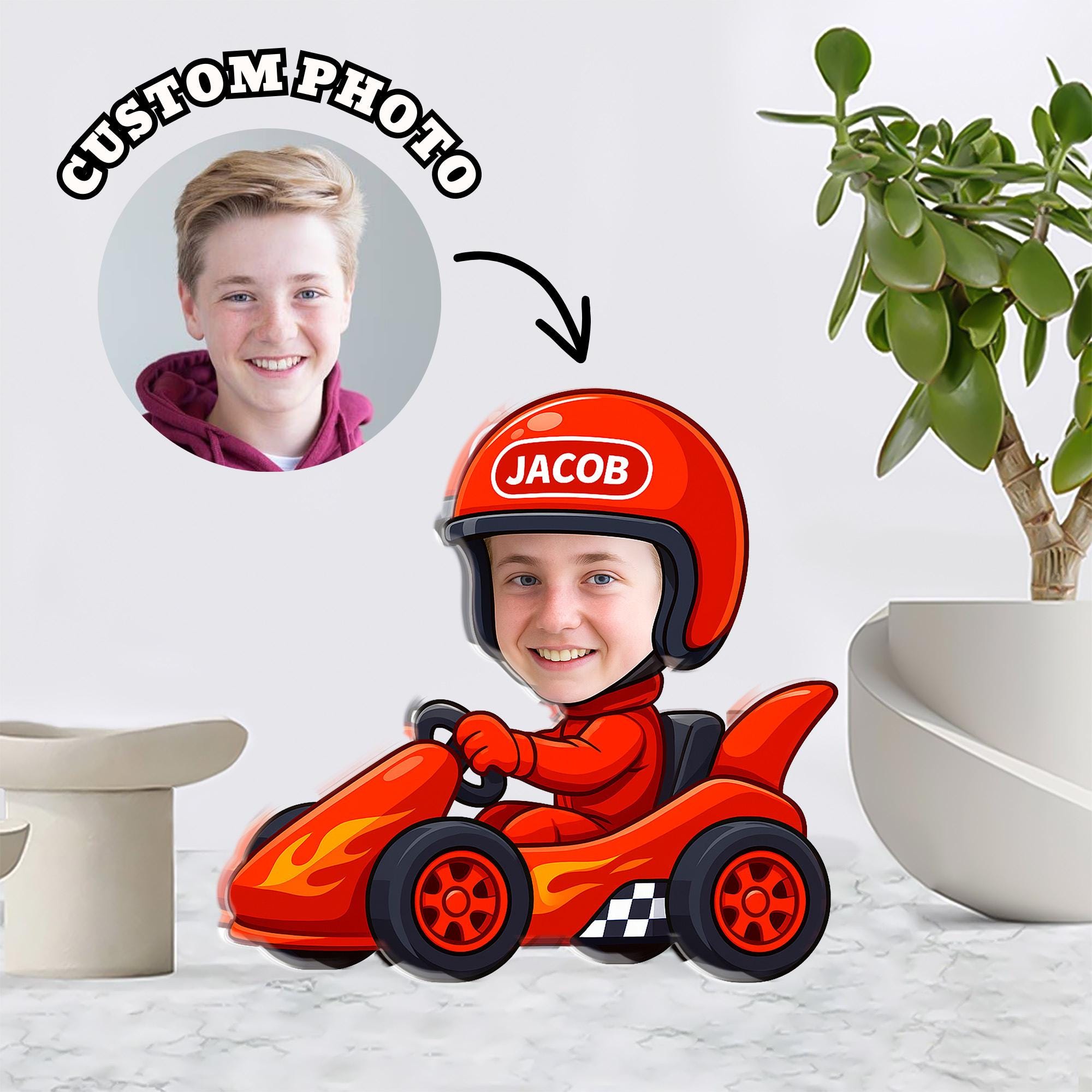 Personalized Acrylic Block, Kid Racer Cartoon, Custom Kid Photo Face, Racing Helmet Name image 1
