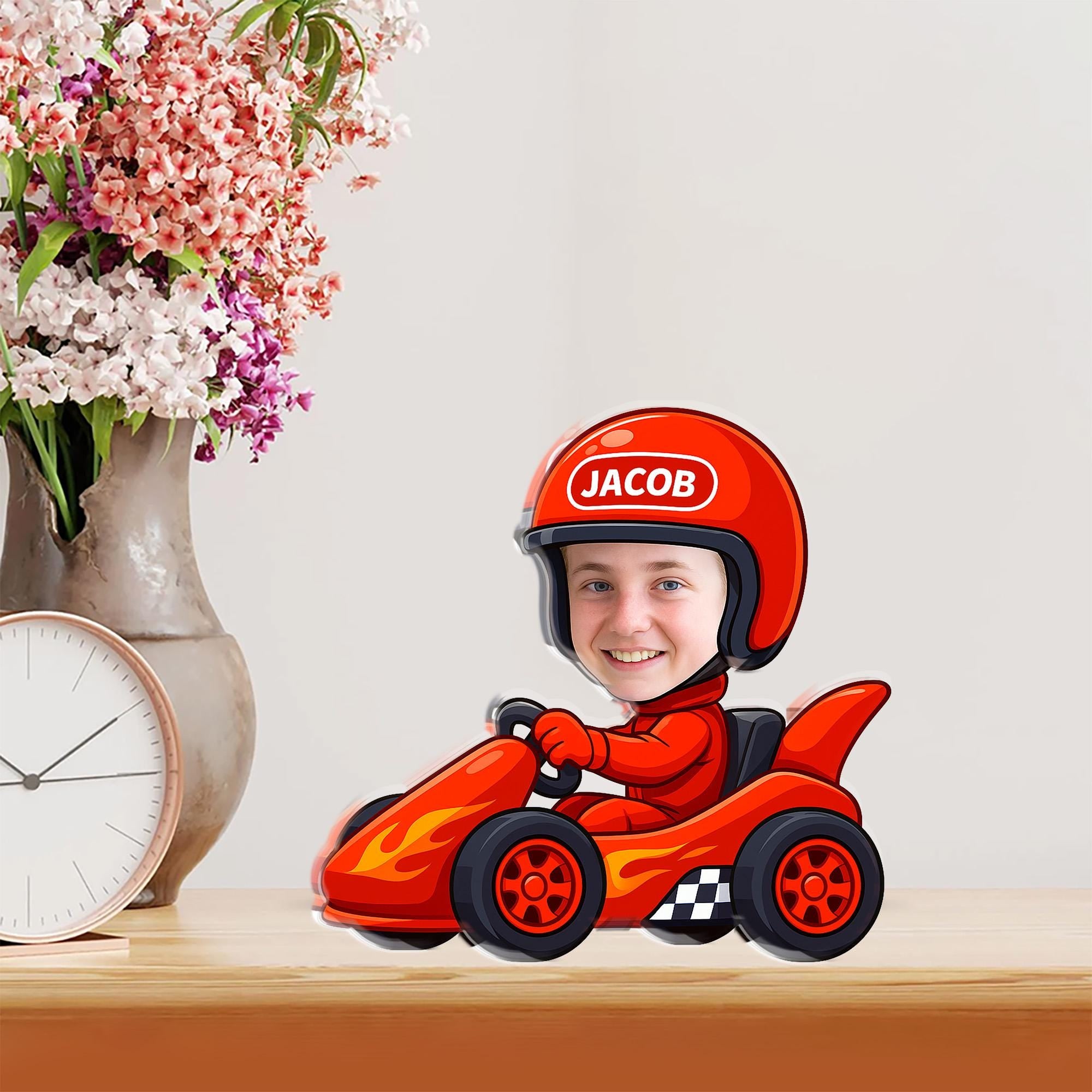 Personalized Acrylic Block, Kid Racer Cartoon, Custom Kid Photo Face, Racing Helmet Name image 2