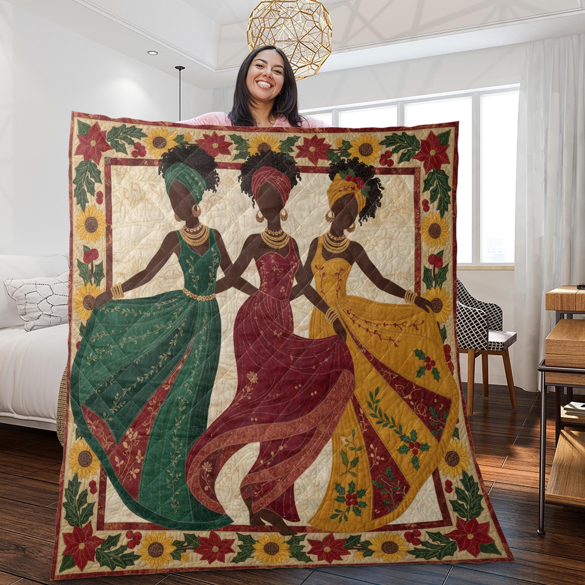 African American Woman Quilt Blanket, Afrocentric Three Women, Sunflower Poinsettia Border, Home Throw image 1