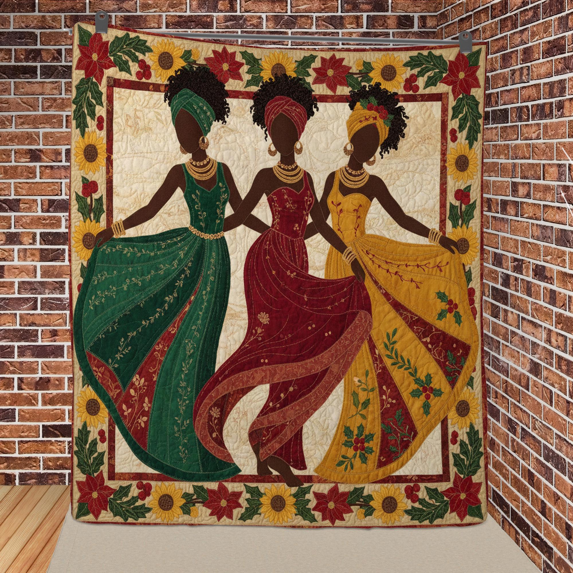 African American Woman Quilt Blanket, Afrocentric Three Women, Sunflower Poinsettia Border, Home Throw image 2